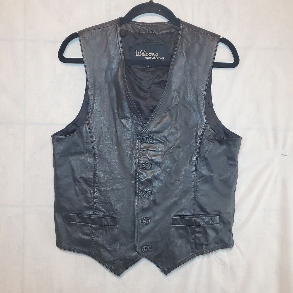Vtg 90s Y2K Wilsons Men's Large Black Leather Button Down Moto Western Vest